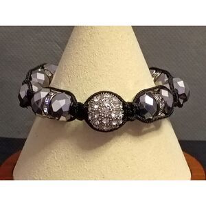 Vintage Black Cord, Shambhala Bead Adjustable Bracelet with Rhinestones Accents